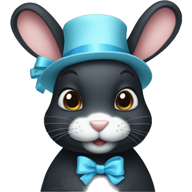 black rabbit with light blue ribbon on its hat emoji