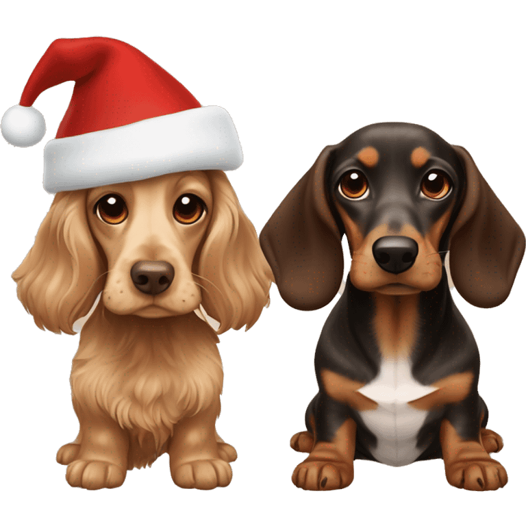 beige cocker spaniel and dark brown dachshund in christmas hats emoji