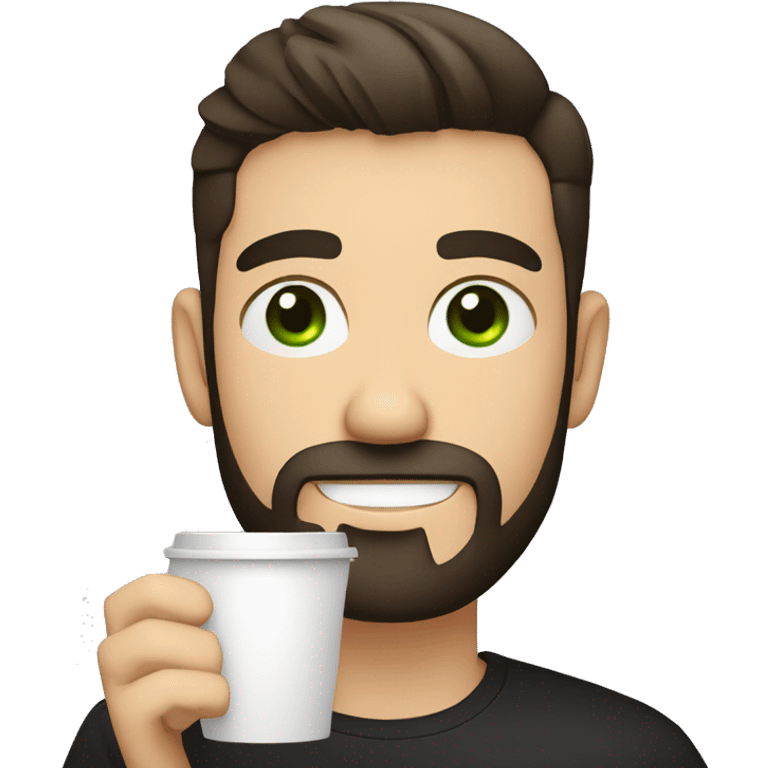 Handsome man with dark hair, holding an cup of coffee, gradient short hair on the side, green eyes. Thin face. Black t-shirt. A little beard. emoji