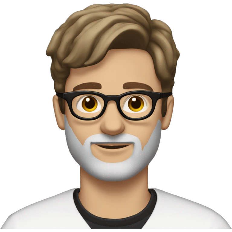 a guy with brown hair laid back, brown eyes in balenciaga glasses with a mole on his left cheek below lip level and a beard only in the chin area emoji