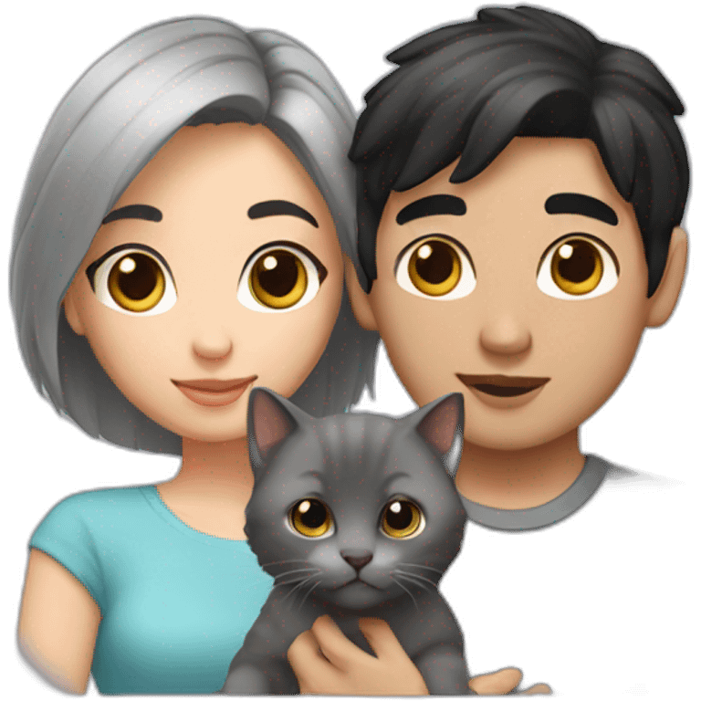 mixed couple black hair brown eyes holding grey kitten emoji