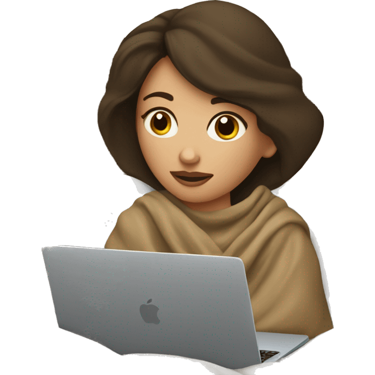 Brunette girl tucked in a blanket lying on the bed looking at the computer laptop apple emoji