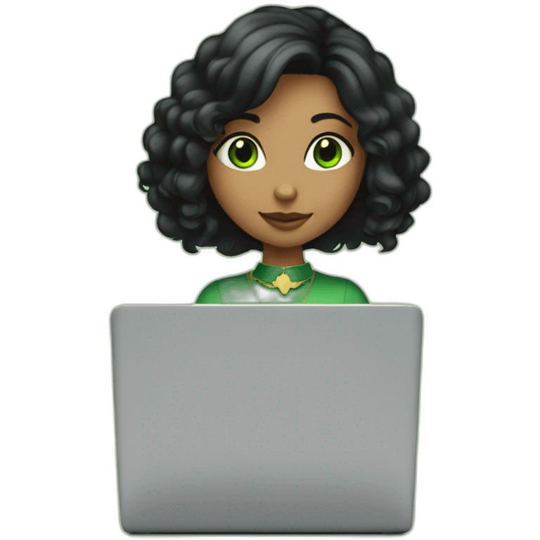 a girl with shoulder length black hair, big ears, green eyes, and a gold heart necklace working on a laptop emoji