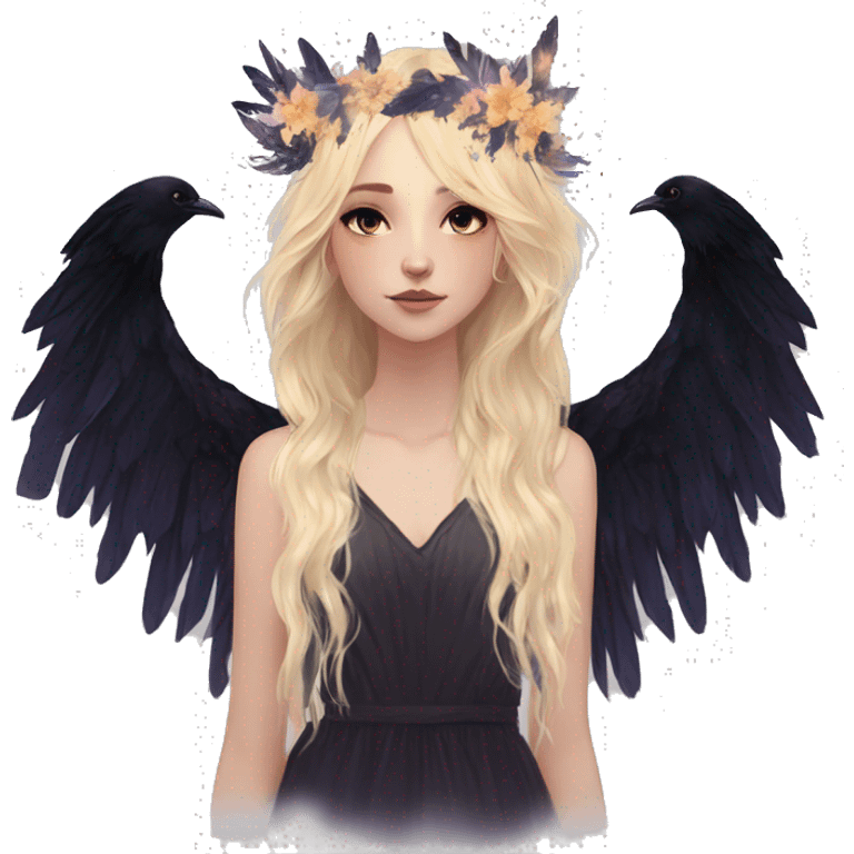 Black Raven wings bohemian Ethereal galaxy constellation girl blonde hair angel raven wings black wings, gold arrow, nebula, flower crown emoji