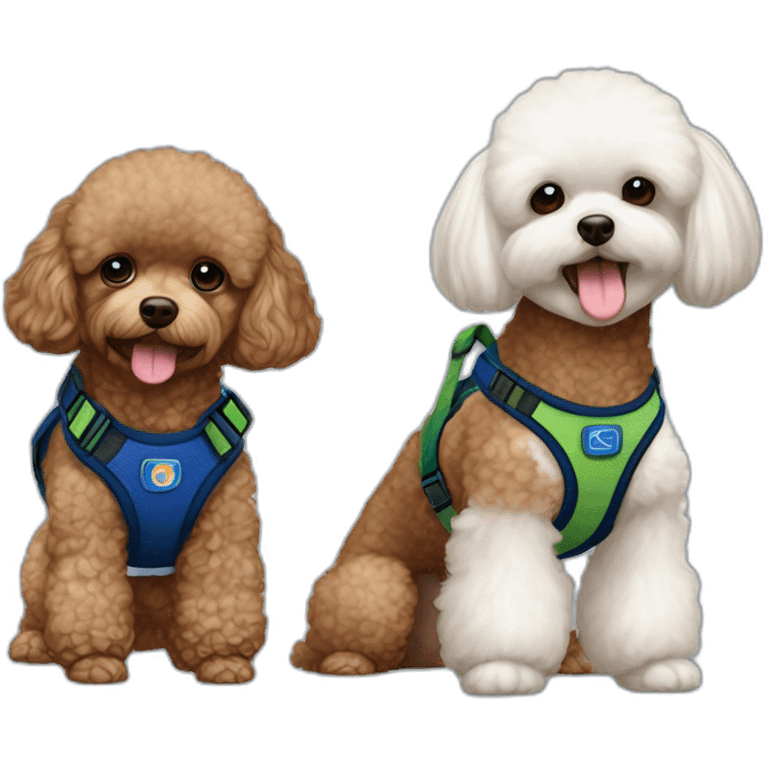 Brown toy poodle wearing dark blue harness and all white Maltese wearing green harness emoji