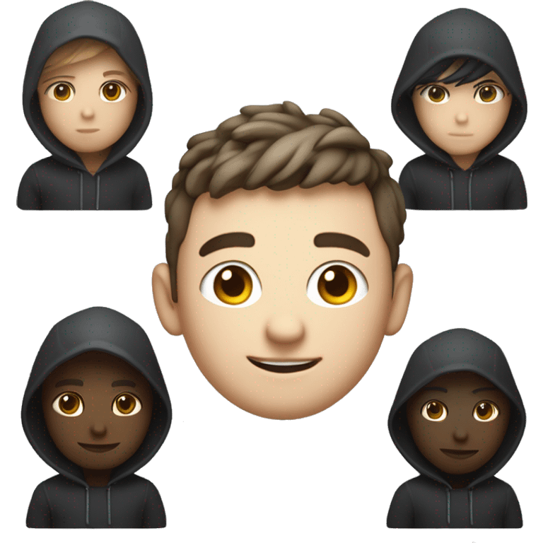 one 3d boy white skin characters (like the apple memoji design style) dressed as developers wearing dark hoodies working. One  the laptop is programing, background is transperent emoji