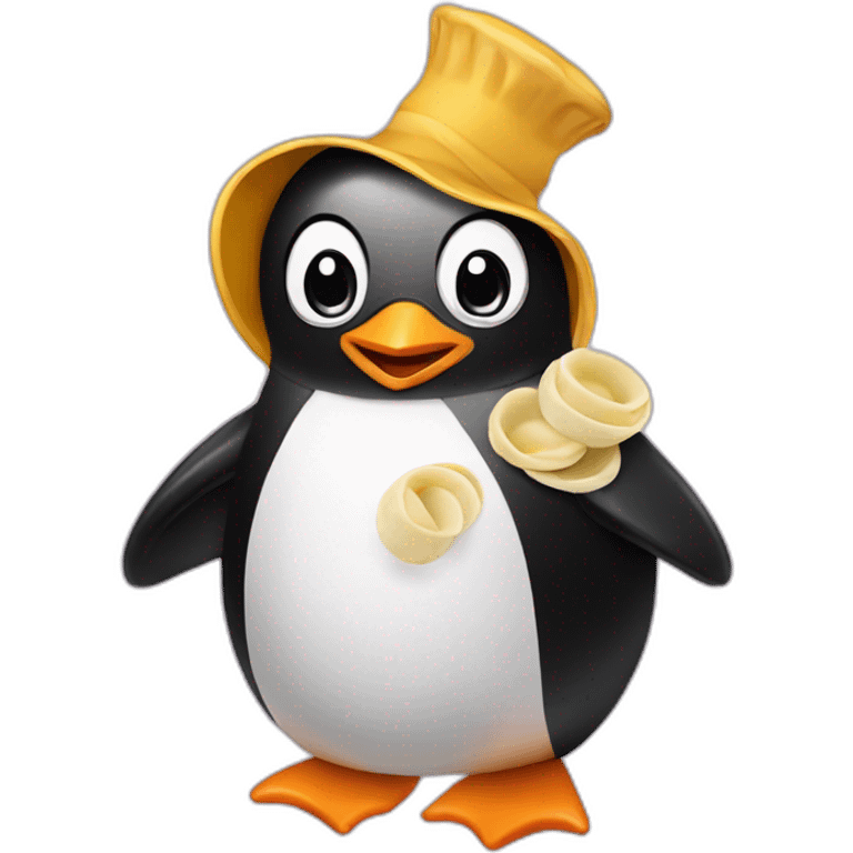 A penguin with a tortellini emoji