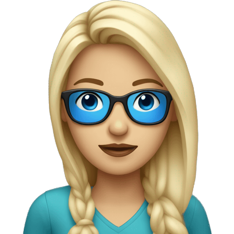 mujer rubia con pelo largo y ojos azules con gafas emoji