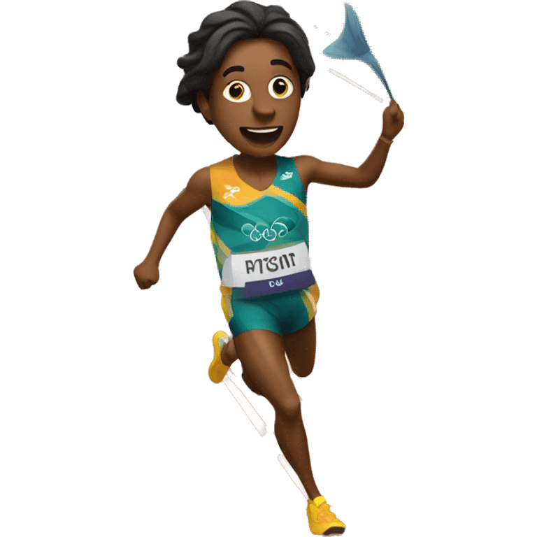 Olympic runner crossing the finish line holding a fish emoji