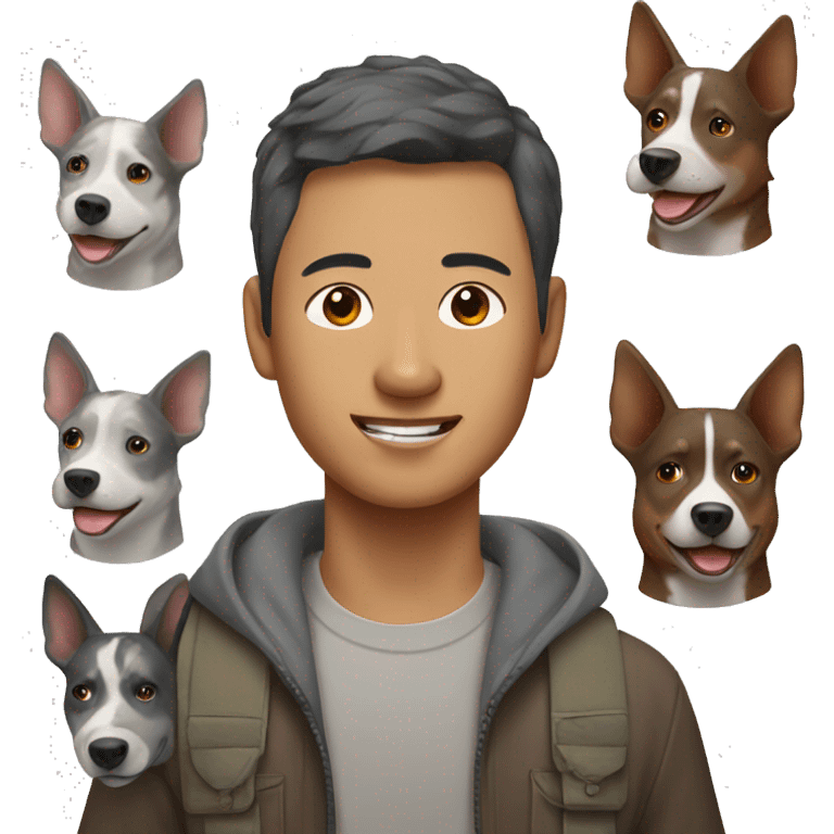 Asian man with brown and grey Australian cattle dog  emoji