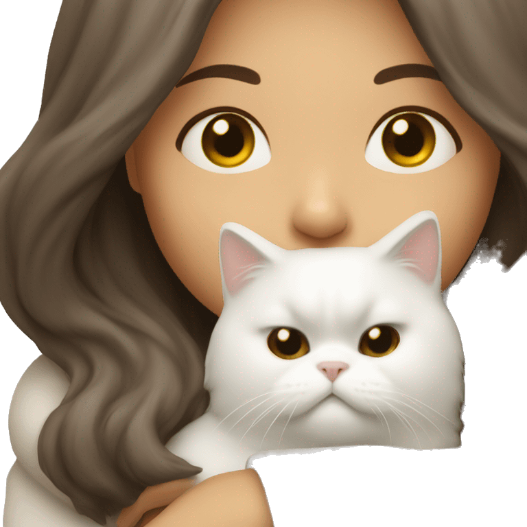 Brunette woman snuggling white Persian cat emoji