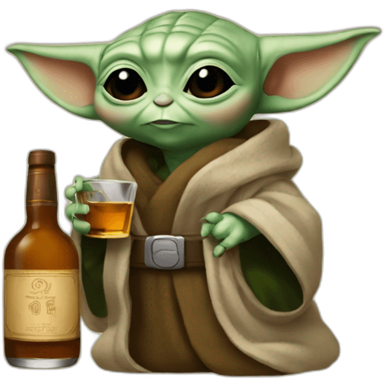 small baby Yoda drinking a big bottle of whiskey emoji