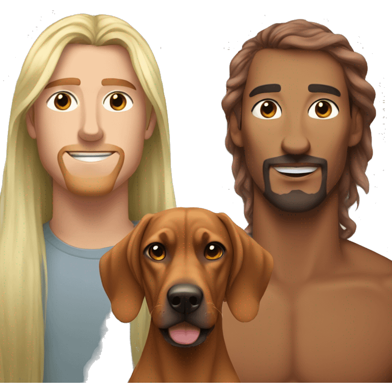 white male with long rainbow colored hair standing alongside a brown rhodesian ridgeback emoji