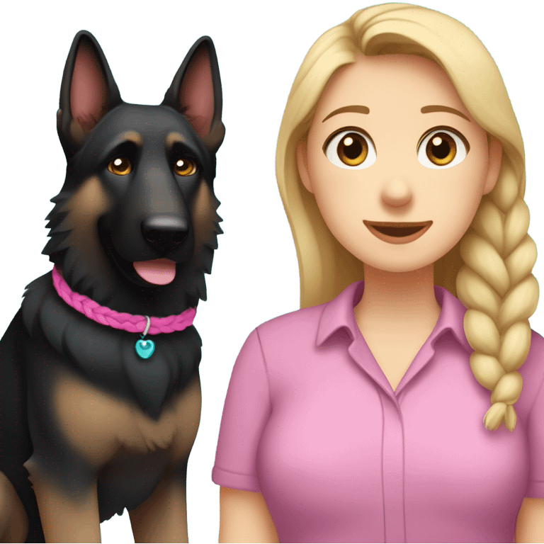 black german shepherd with brown paws only wearing a pink collar with owner who has sandy blonde hair in a single braid with blue eyes and teal shirt  emoji