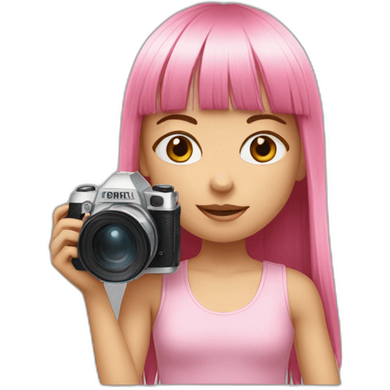 cute girl with long, straight rose hair with fringe and holding camera and wearing pink tank top emoji