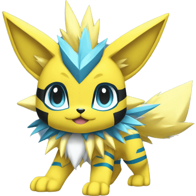 Anthro Edgy Cool Zeraora-Jolteon-Pokémon-Fakémon with shiny blue stripes Full Body Detailed High Quality  emoji