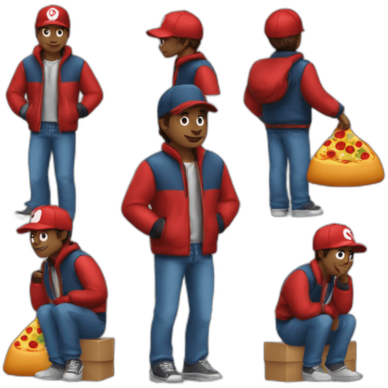 Pizza delivery guy, black hat, blue puff jacket and red pizza bag emoji