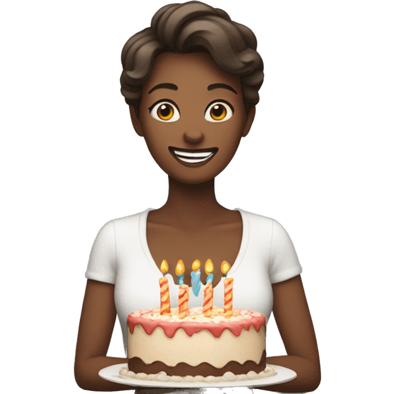 Woman holding birthday cake emoji