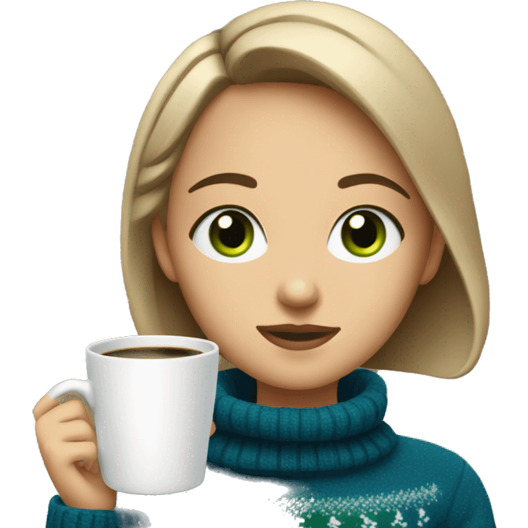 Light brown short haired girl with green eyes drinking coffee wearing blue Christmas sweater emoji