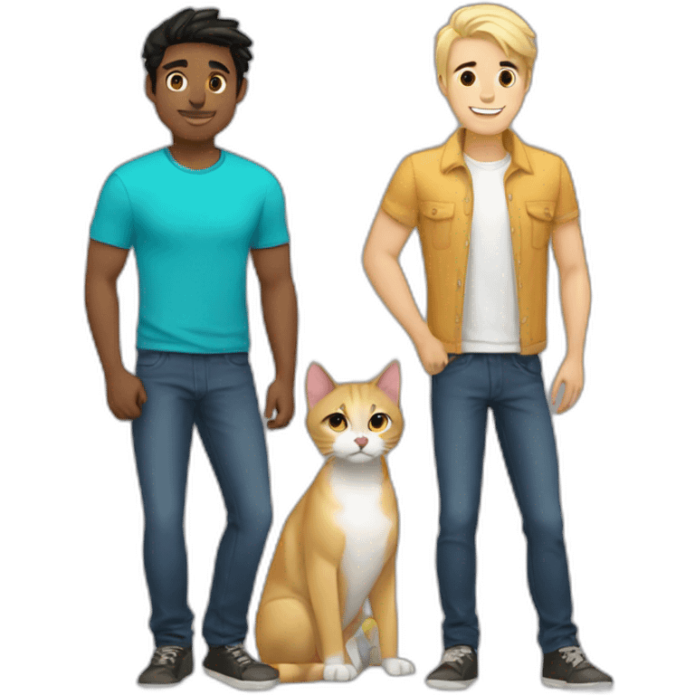 Gay male couple Latino Black hair male and Australian blonde hair male , with a cat in the middle emoji