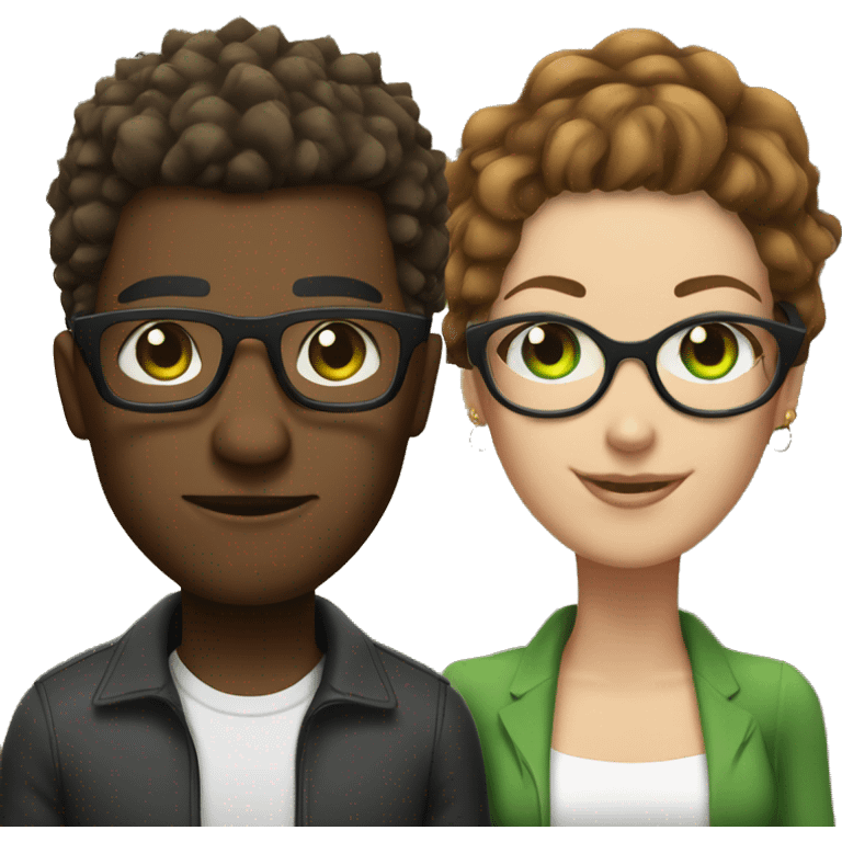 black male with spikey hair and glasses and white female with brown wavy hair , green eyes and glasses emoji