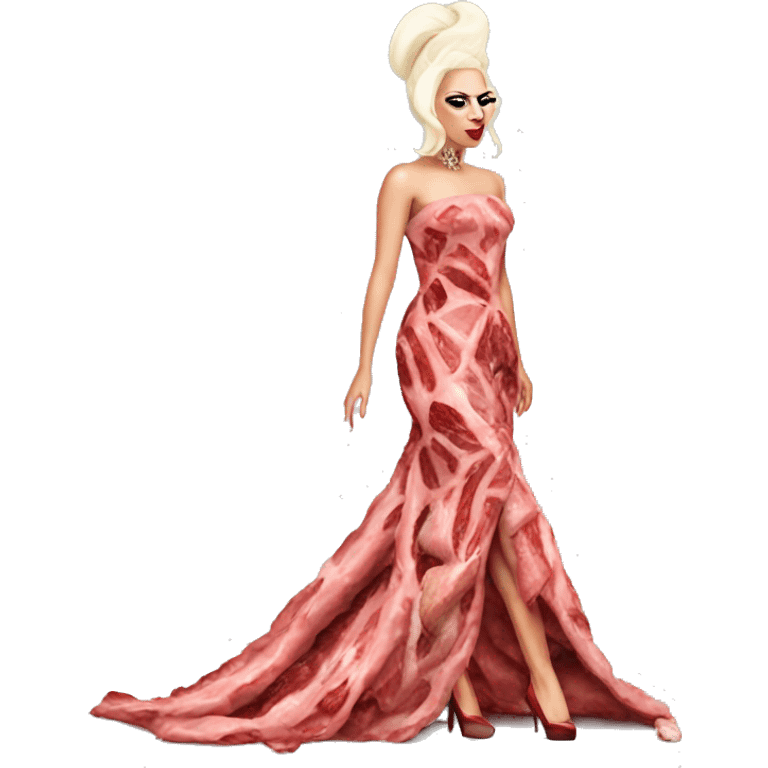 Lady gaga walking down the red carpet wearing a dress made out of meat emoji