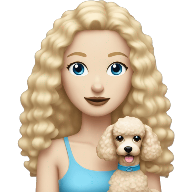 woman with straight blonde hair and blue eyes is holding a cream poodle  emoji