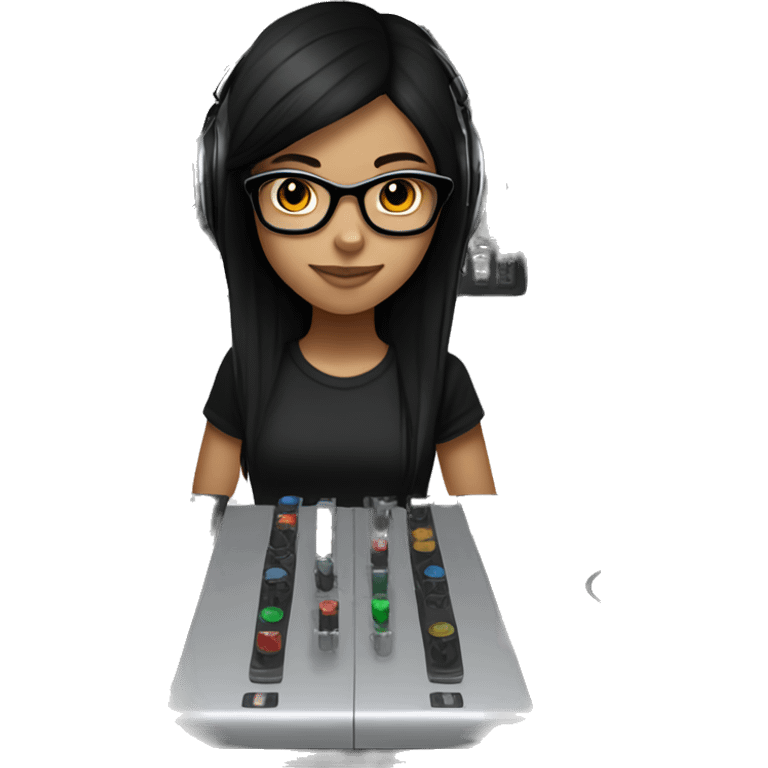 Fair skinned girl with brown eyes and long straight black hair with a black t shirt with glasses on with headphones on mixing on a dj mixer emoji