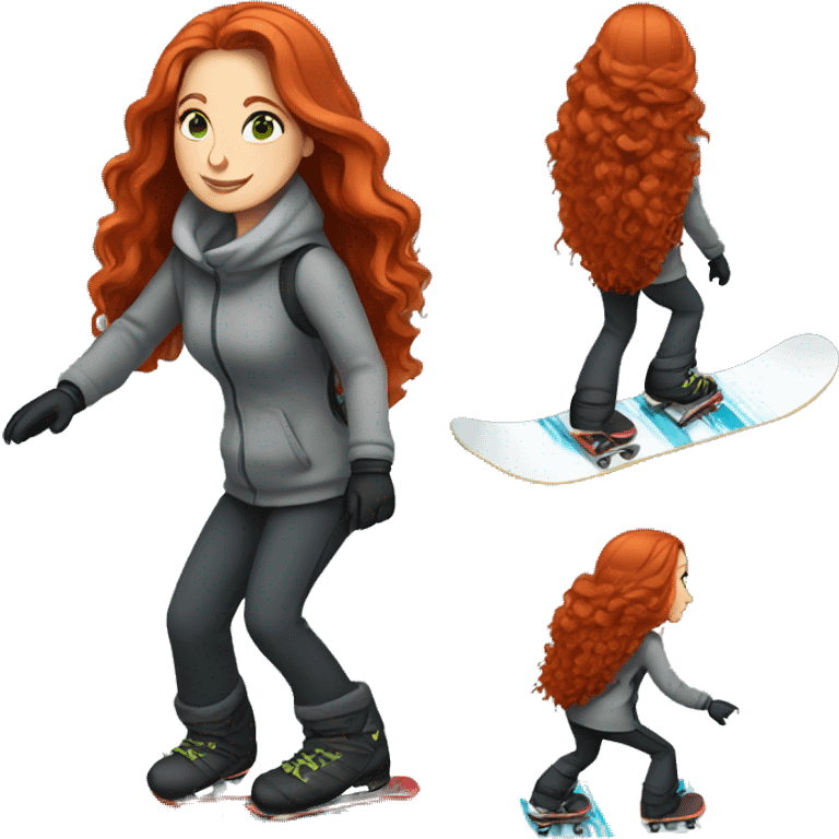 White woman with long red hair and grey-green eyes snowboarding emoji