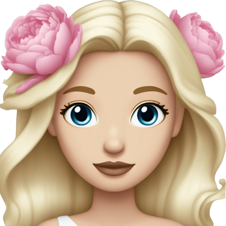 White bride with long light blonde hair and blue eyes with light pink peonies in hair white skin light pink lips emoji