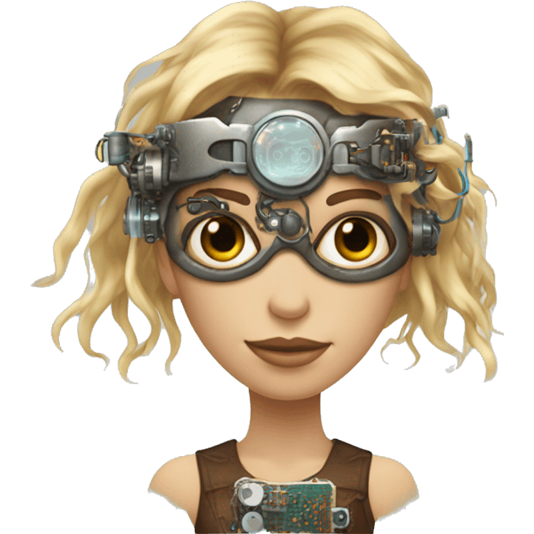 Brown long hair with blonde steaks female cyborg head, fair skin, steampunk goggles and circuits emoji