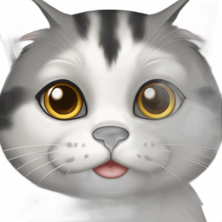 senior fat diluted calico cat, white chin, black nose, grey ears, grey and white emoji