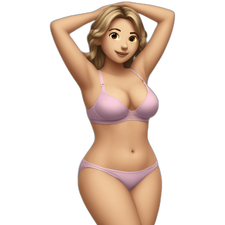 Slim-thicc Caucasian woman small bra panties hands-in-hair pose (beach body) full body emoji