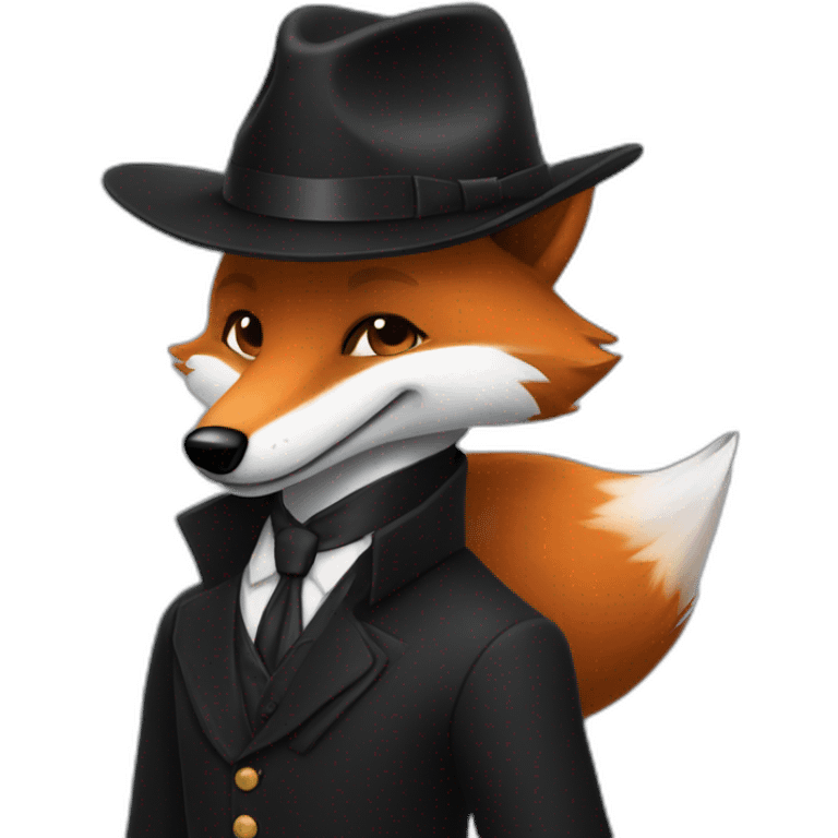 Un renard en costume noir avec un chapeau fait 👋 emoji