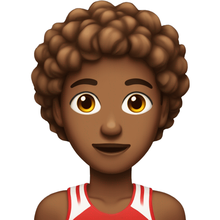 Brown skin, brown eyes, brown hair with red highlights teenager who is a runner emoji