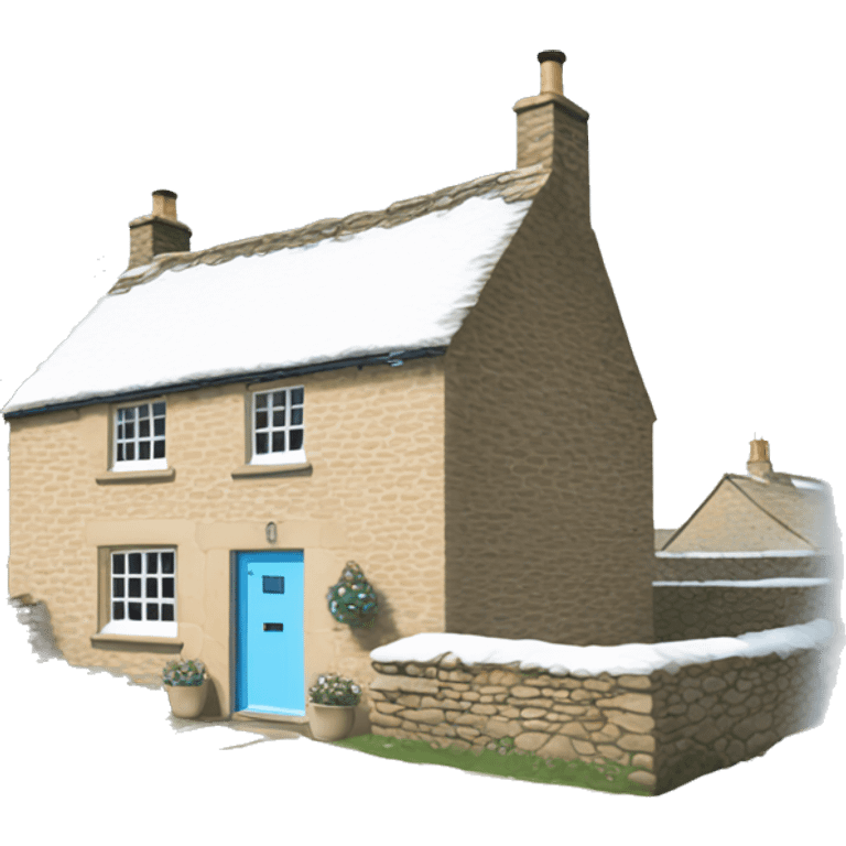 Snowy stone cotswolds cottage with sky blue door  emoji