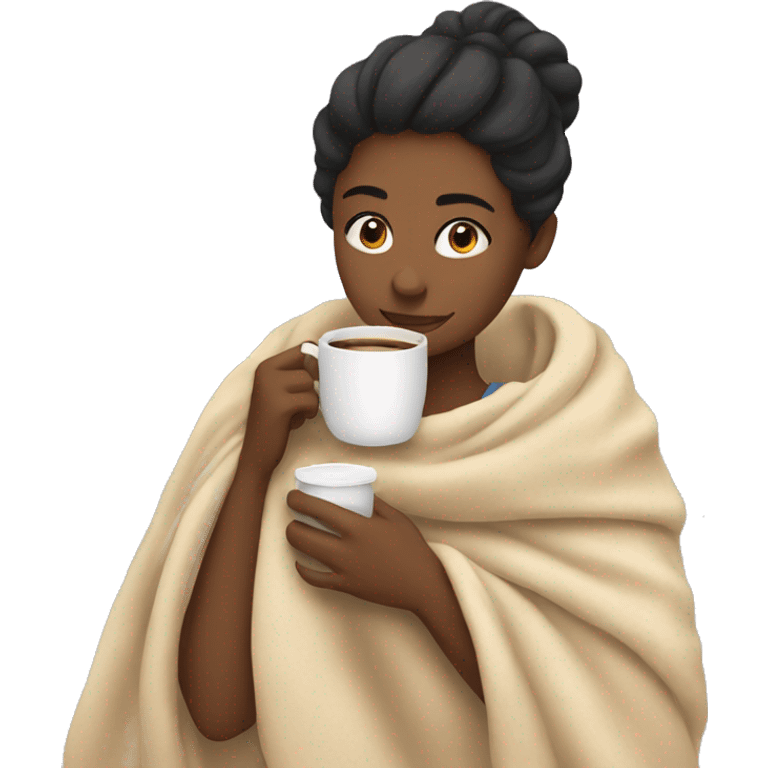 Woman hugging the blanket and drinking coffee emoji