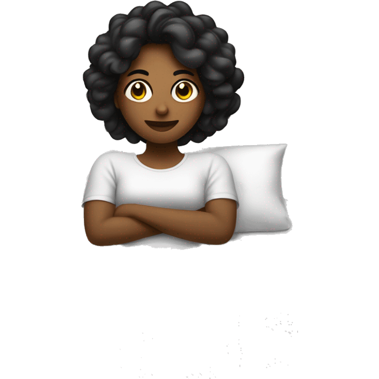 Una mujer color piel blanca con cabello rizado negro durmiendo en una cama  emoji