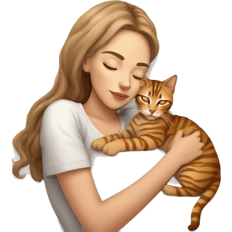 extremely light skin girl with light brown hair sleeping with cute bengal cat emoji