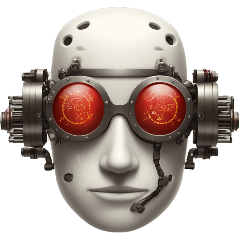 Bald cyborg head with red steampunk goggles, white five o’clock shadow, and circuits emoji