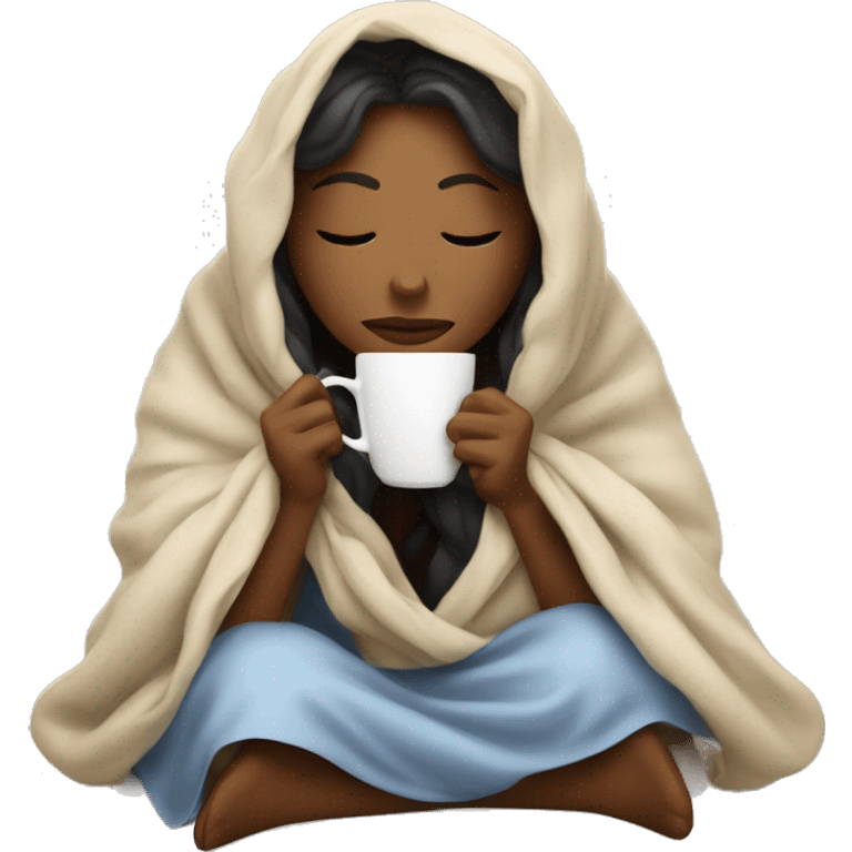 Blinde woman inside a blanket sipping coffee eyes closed emoji