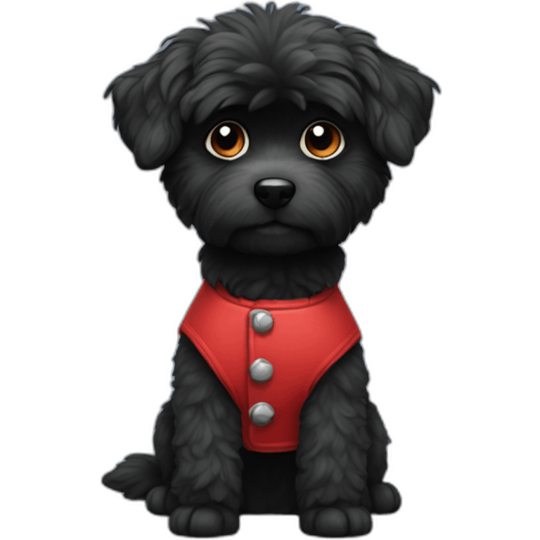 small completely black fluffy dog wearing red vest emoji