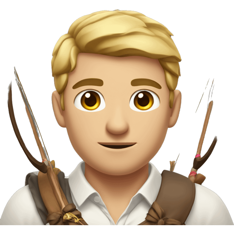 a male archer with a bow, wearing a white shirt, very short brown hair, bright skin, only show upper part of the body from waist up emoji