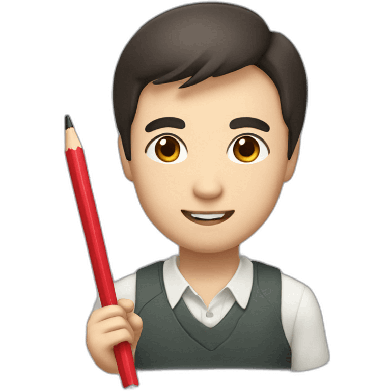 A thick, round face, slightly droopy eyes, thin eyebrows, large head, dark brown hair, and a smiling Japanese uncle holding a pencil. emoji