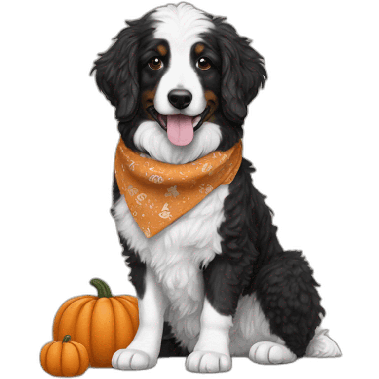 mostly black and white aussie doodle with a pumpkin and fall bandana emoji