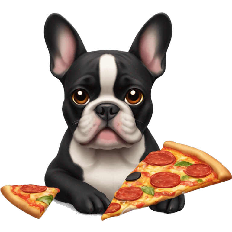 All black French bulldog eating pizza emoji