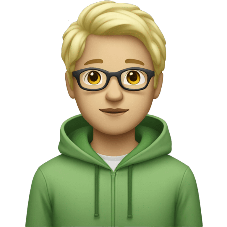 white/tan boy with white glasses and blonde hair and a green sweatshirt with hood up standing straight emoji