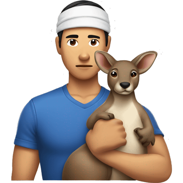 Asian male tough with sweatband holding a kangaroo emoji