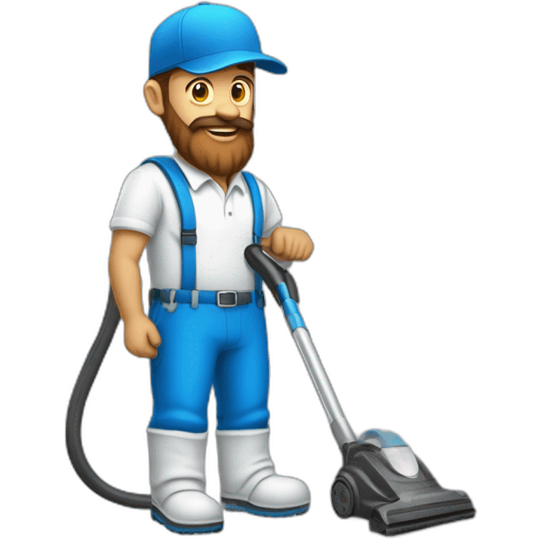 blue cap and white polo cleaner, with a brown beard and a vacuum cleaner emoji