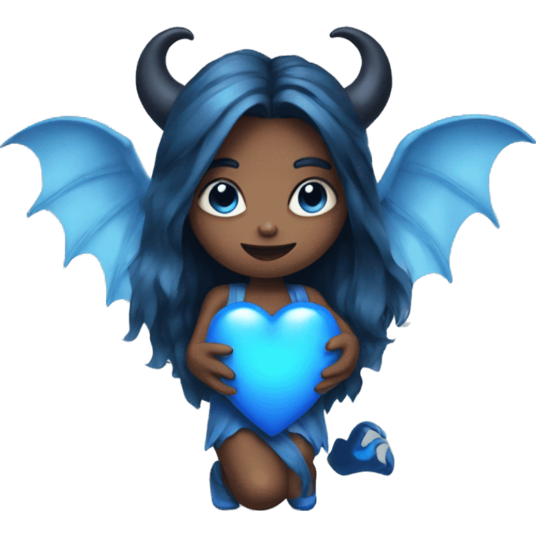 Demon girl with blue horns and wings holding a blue heart  emoji